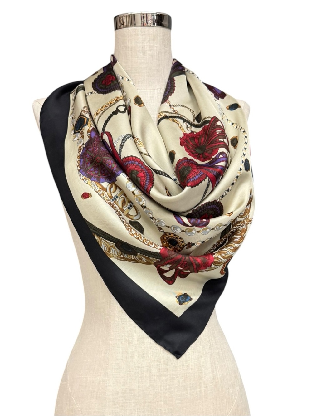 Express Silk Scarf Cream Chain Print Chain Medallion Print Vintage Scarf